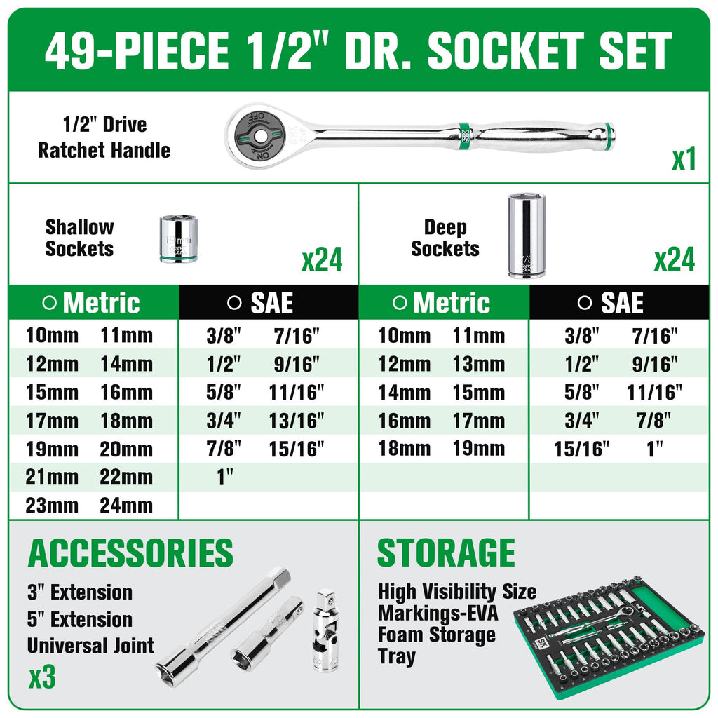 SK Tools USA - 49 Piece 1/2" Drive, 6 Point, Standard & Deep, SAE & Metric Chrome Socket Set - Ridge Toolbox