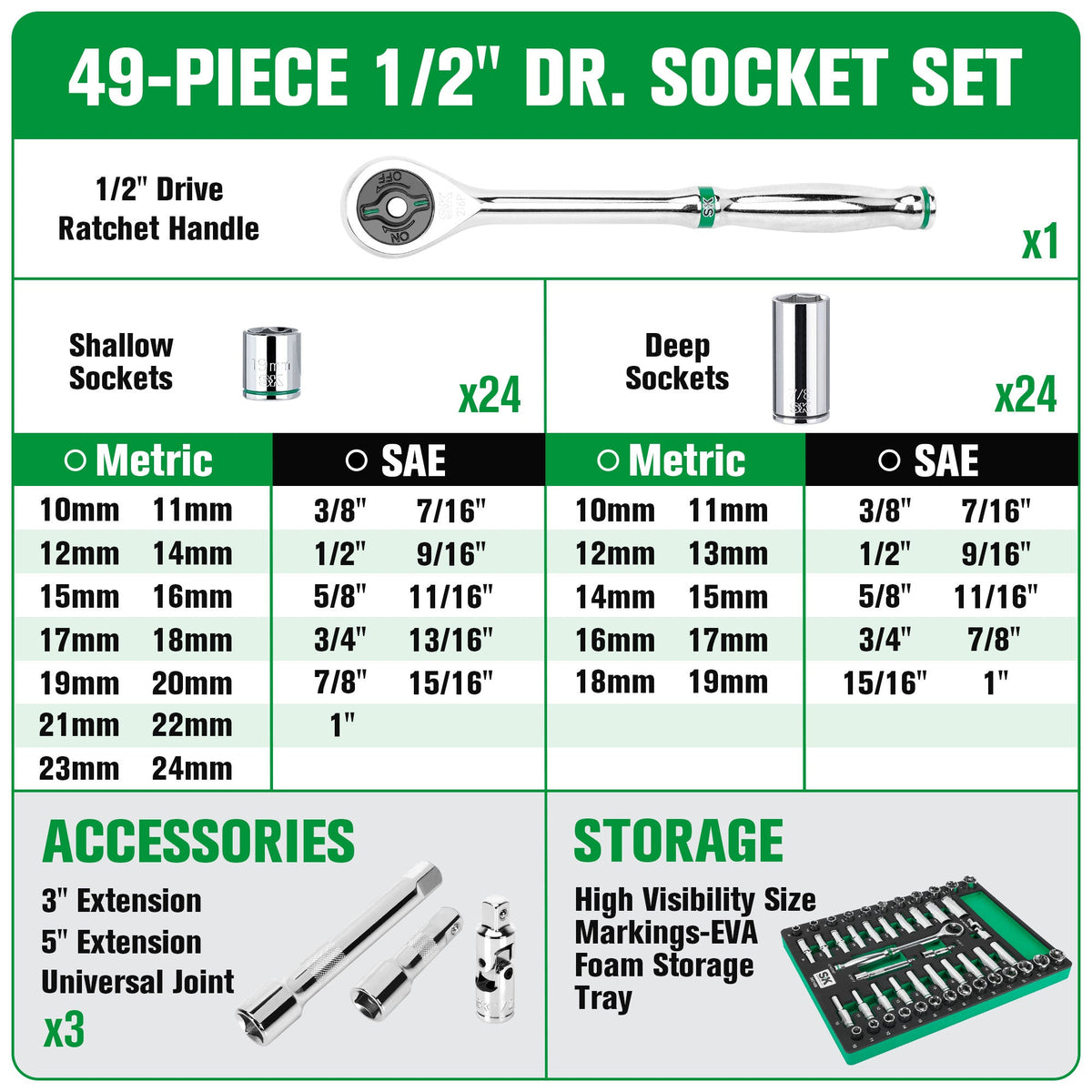 SK Tools USA - 49 Piece 1/2" Drive, 6 Point, Standard & Deep, SAE & Metric Chrome Socket Set - Ridge Toolbox