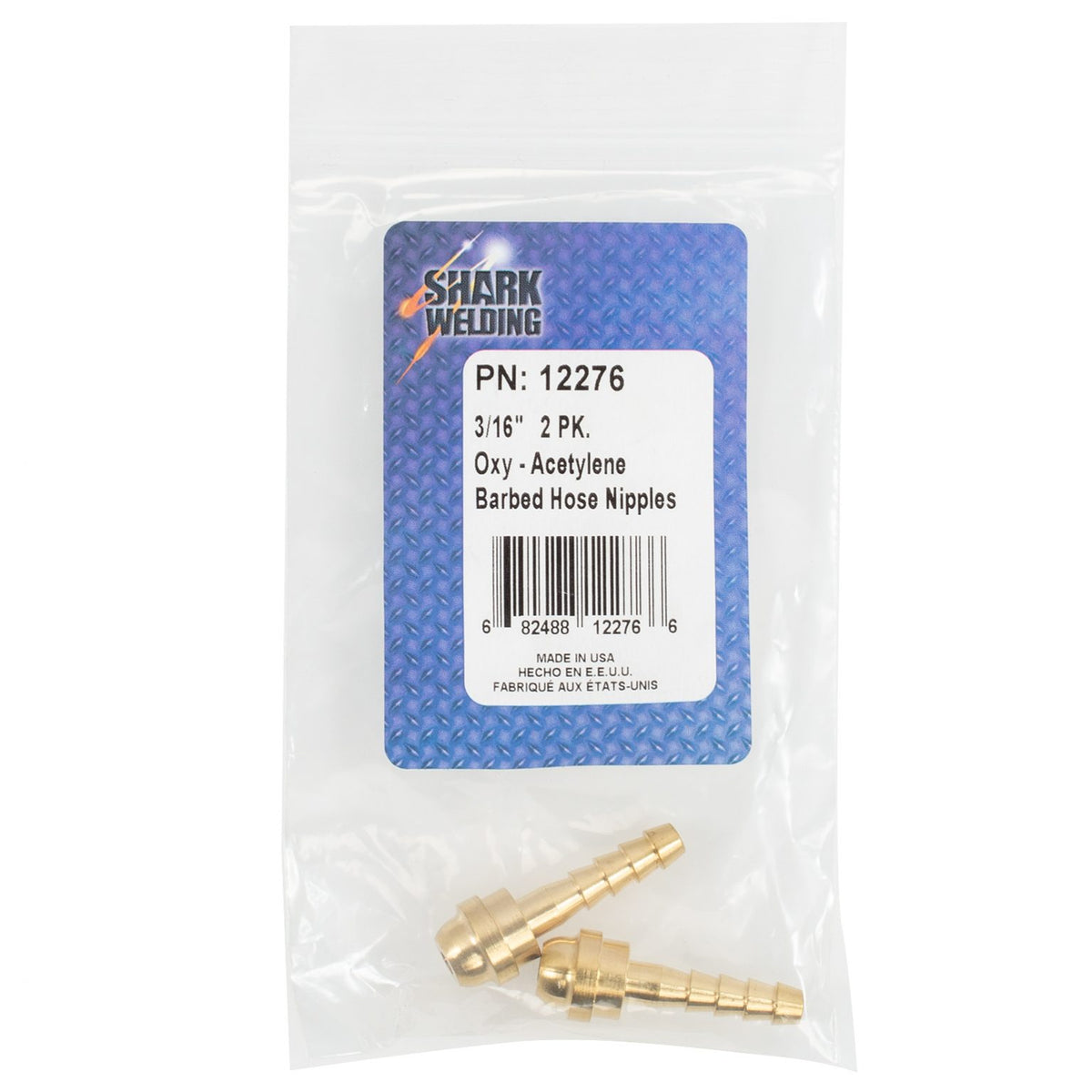 Shark Industries - 2 PK Oxygen-Acetylene B-Size Barbed Hose Nipples. 3/16″ ID, 1-7/16″ Length - Ridge Toolbox