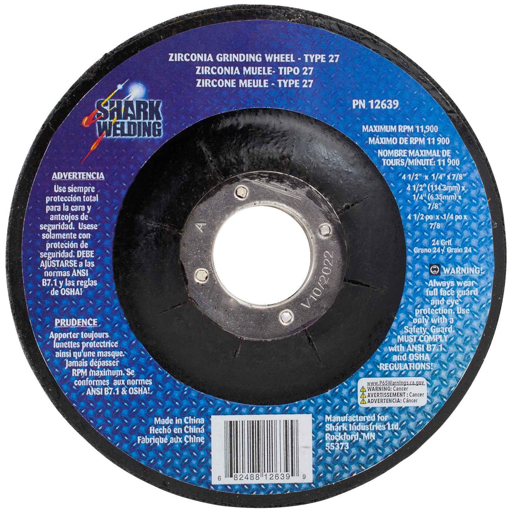 Shark Industries - Depressed Center Type 27 Zirconia Grinding Wheels for Stainless Steel – Hubless. 4.5″ x 1/4″ x 7/8″ – 24 Grit - Ridge Toolbox