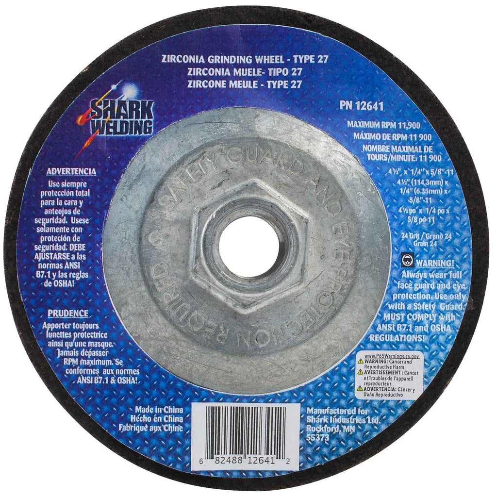 Shark Industries - Depressed Center Type 27 Zirconia Grinding Wheels for Stainless Steel – Hubbed. 4.5″ x 1/4″ x 5/8 - 11NC – 24 Grit - Ridge Toolbox
