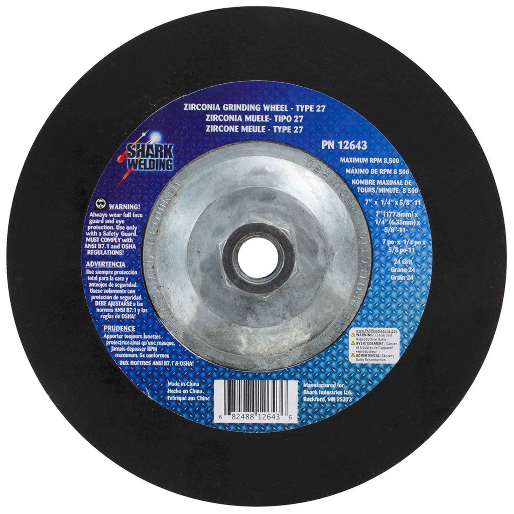 Shark Industries - Grinding Wheels Type 27- Zirconia 7″x 1/4″ x 5/8-11 – 24 Grit - Ridge Toolbox