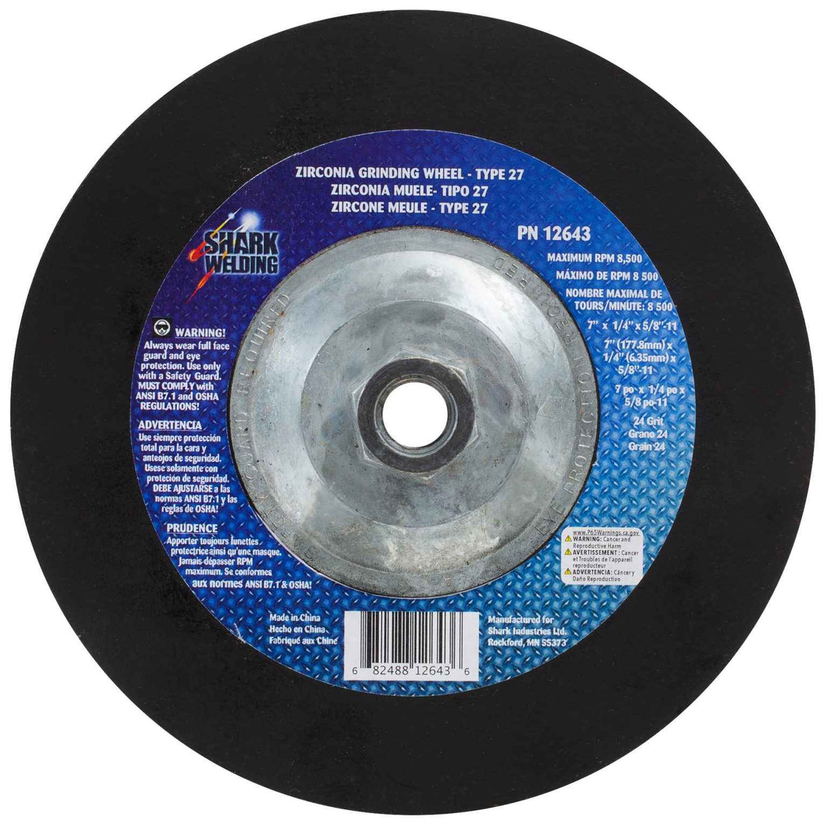 Shark Industries - Grinding Wheels Type 27- Zirconia 7″x 1/4″ x 5/8-11 – 24 Grit - Ridge Toolbox