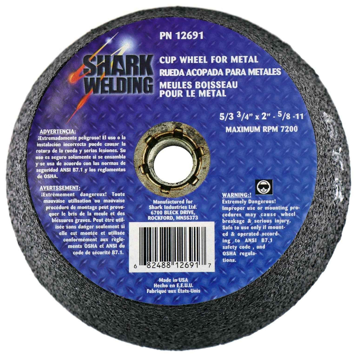 Shark Industries - Type 11 Coarse Cup Style Grinding Wheels – 4/3″, 5/3″, and 6/4″ Diameters x 2″ Height x 5/8-11 NC Arbor - Ridge Toolbox
