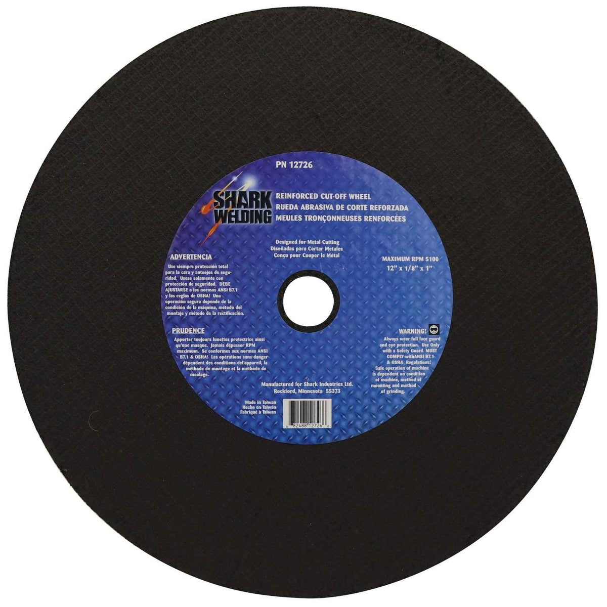 Shark Industries - Cut-Off Wheel – Aluminum Oxide – Double Reinforced – 12″ x 1/8″ x 1″ – 36 Grit - Ridge Toolbox