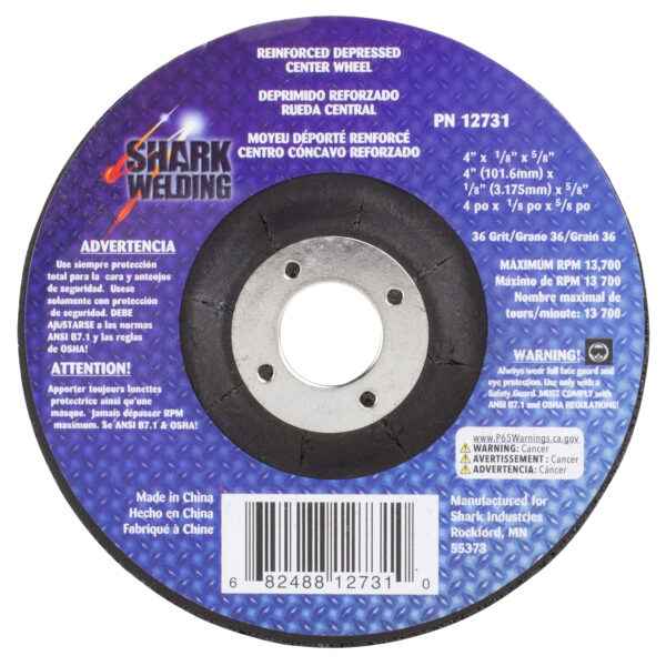 Shark Industries - 4″ Type 27 Aluminum Oxide Grinding Wheels Depressed Center – Hubless, 36 Grit – 4″ x 1/8″ x 5/8″ - Ridge Toolbox