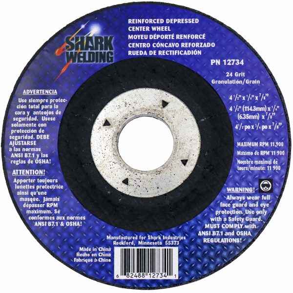 Shark Industries - 4.5″ Type 27 Aluminum Oxide Grinding Wheels Depressed Center – Hubless, 24 Grit. 4.5″ x 1/4″ x 7/8″ - Ridge Toolbox