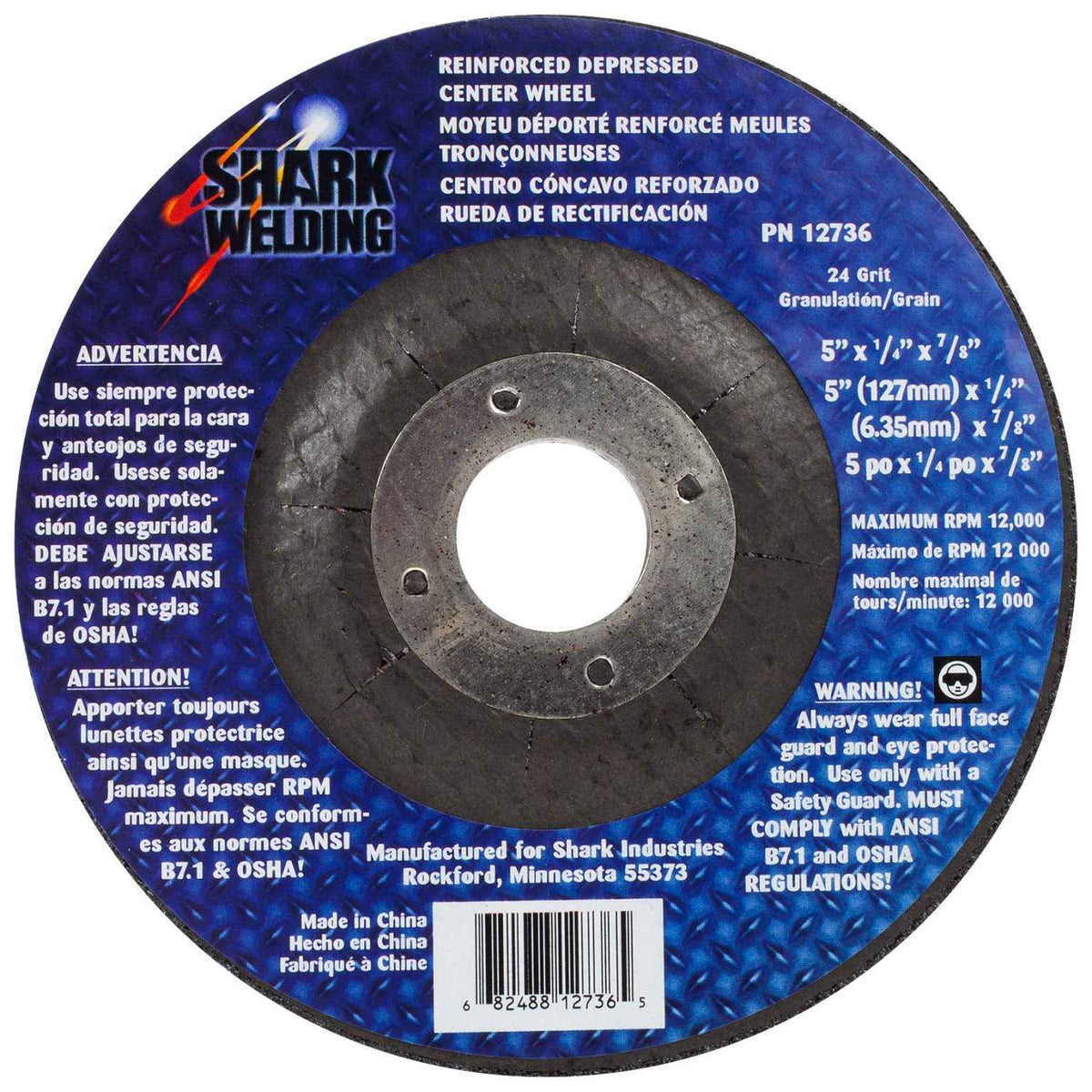 Shark Industries - 5″ Type 27 Aluminum Oxide Grinding Wheels Depressed Center – No Hub – 24 Grit – 5″ x 1/4″ x 7/8″ - Ridge Toolbox