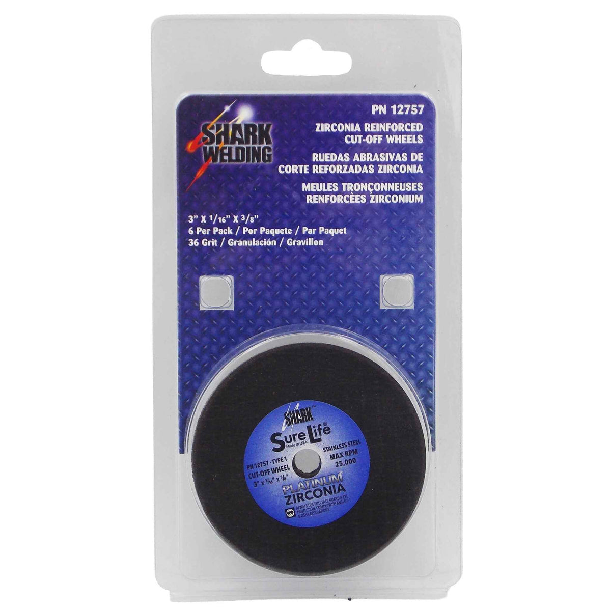 Shark Industries - 6 PK | Cut-Off Wheel – Zirconia (Sure-Life) – 3″ x 1/16″ x 3/8″ – 36 Grit – Made in USA - Ridge Toolbox