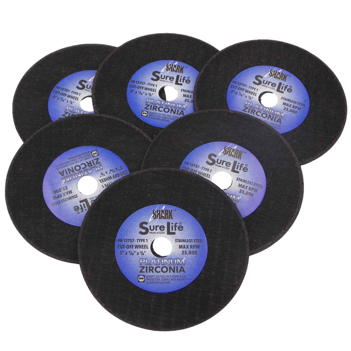 Shark Industries - 6 PK | Cut-Off Wheel – Zirconia (Sure-Life) – 3″ x 1/16″ x 3/8″ – 36 Grit – Made in USA - Ridge Toolbox