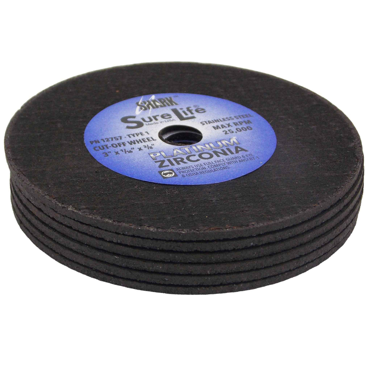 Shark Industries - 6 PK | Cut-Off Wheel – Zirconia (Sure-Life) – 3″ x 1/16″ x 3/8″ – 36 Grit – Made in USA - Ridge Toolbox