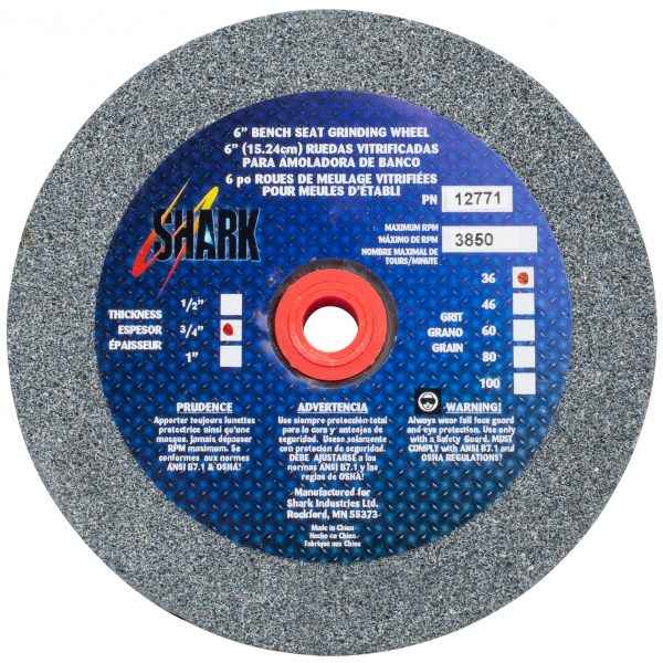 Shark Industries - Bench Seat Grinding Wheel – Size 6″ x 3/4″ Thick x 1″ Arbor – 36 Grit, 60 Grit, 80 Grit – Aluminum Oxide - Ridge Toolbox