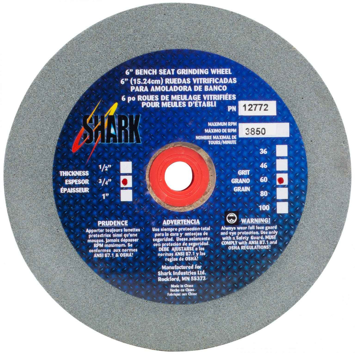 Shark Industries - Bench Seat Grinding Wheel – Size 6″ x 3/4″ Thick x 1″ Arbor – 36 Grit, 60 Grit, 80 Grit – Aluminum Oxide - Ridge Toolbox