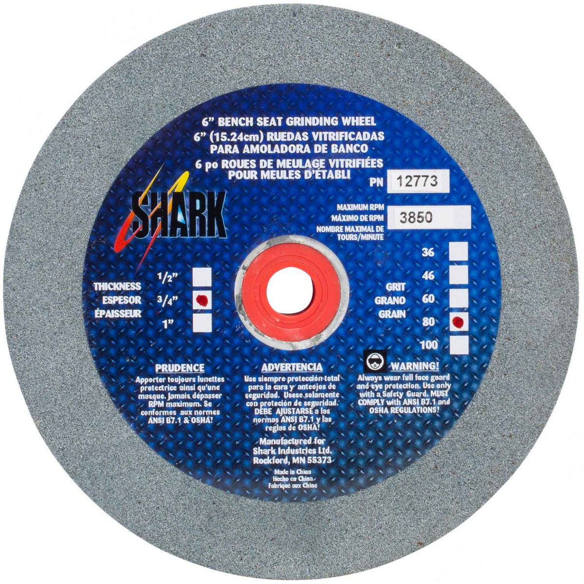 Shark Industries - Bench Seat Grinding Wheel – Size 6″ x 3/4″ Thick x 1″ Arbor – 36 Grit, 60 Grit, 80 Grit – Aluminum Oxide - Ridge Toolbox