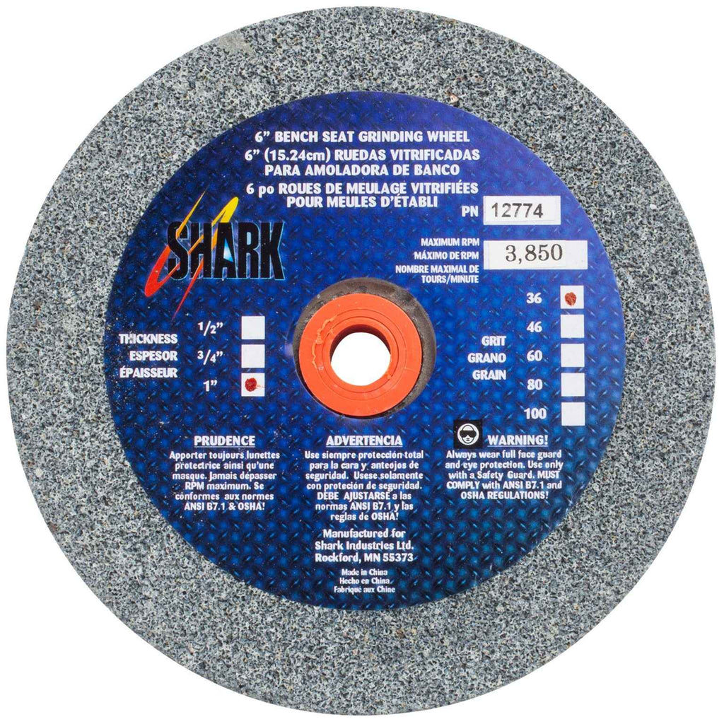 Shark Industries - Bench Seat Grinding Wheel- Size 6″x 1″ Thick x 1″ Arbor – 36 Grit, 60 Grit, 80 Grit – Aluminum Oxide - Ridge Toolbox