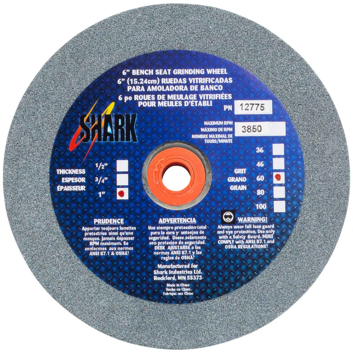 Shark Industries - Bench Seat Grinding Wheel- Size 6″x 1″ Thick x 1″ Arbor – 36 Grit, 60 Grit, 80 Grit – Aluminum Oxide - Ridge Toolbox