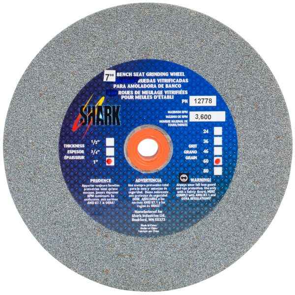 Shark Industries - Bench Seat Grinding Wheel – Size 7″x 1″ Thick x 1″ Arbor – 36 Grit, 60 Grit, 80 Grit – Aluminum Oxide - Ridge Toolbox