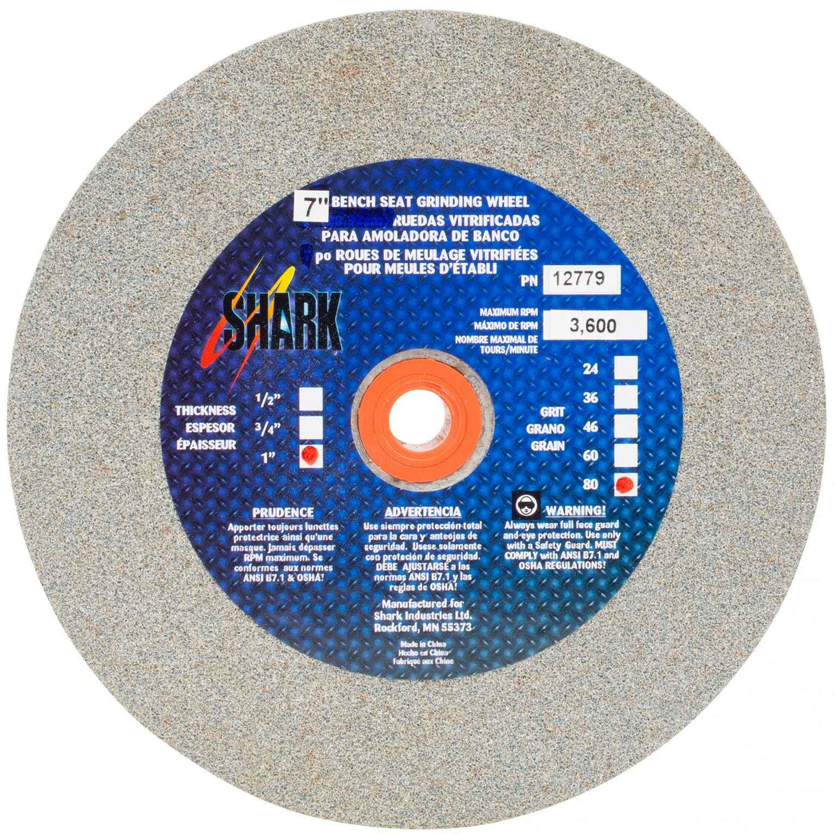 Shark Industries - Bench Seat Grinding Wheel – Size 7″x 1″ Thick x 1″ Arbor – 36 Grit, 60 Grit, 80 Grit – Aluminum Oxide - Ridge Toolbox