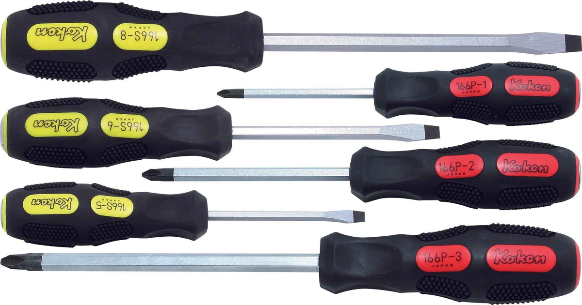 Ko-ken Phillips and Flat Head Blade Through Type Screwdriver Set, PH1-2-3/SL5-6-8 - 6 pieces - professional screwdrivers