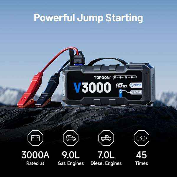 TOPDON 3000 Peak Amp Battery Jump Starter, Power Bank, & Flashlight - Ridge Toolbox