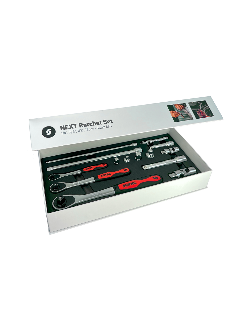 Sonic Tools - NEXT Ratchet and Extension Set, 1/4", 3/8", 1/2", 15-PC - Small SFS - Ridge Toolbox