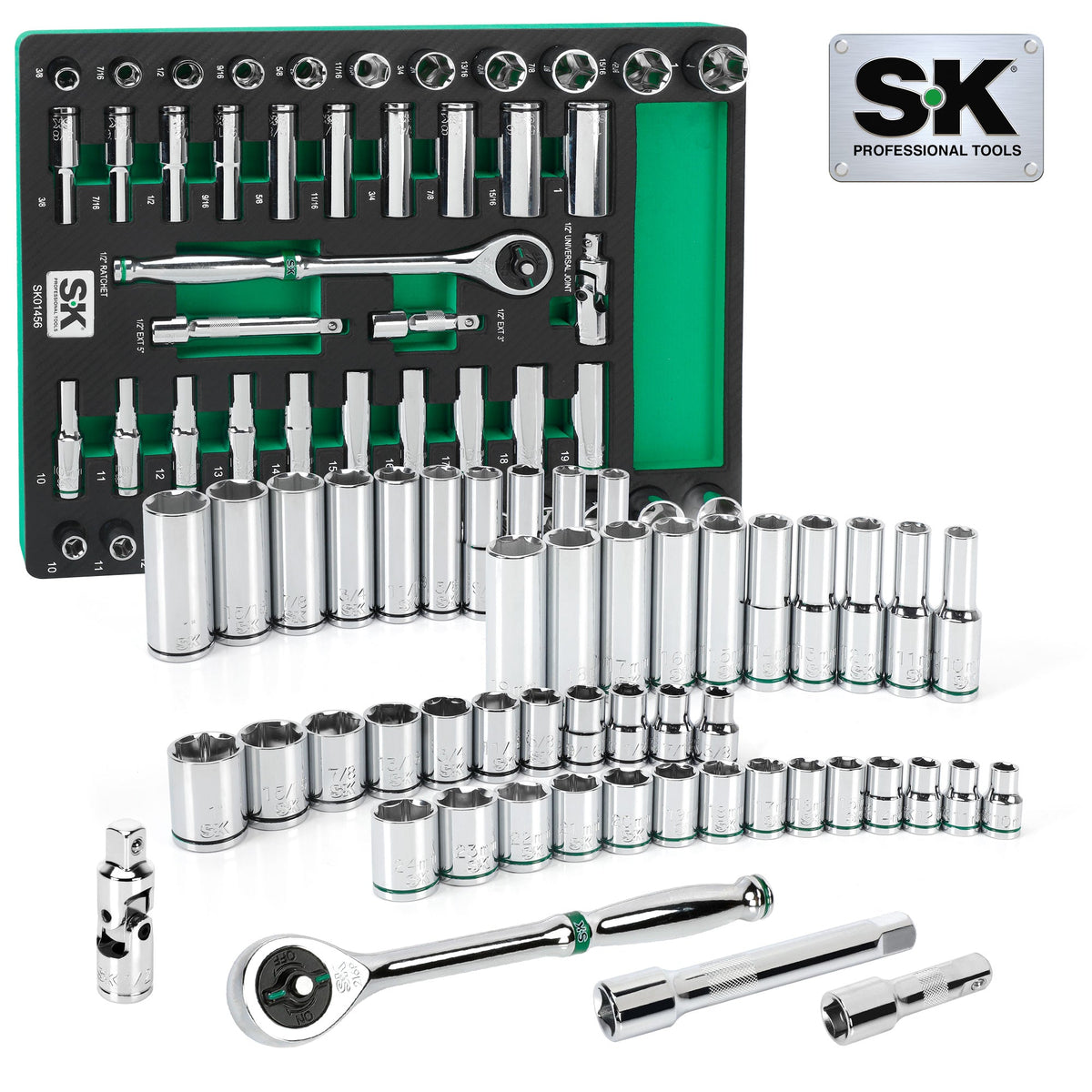 SK Tools USA - 49 Piece 1/2" Drive, 6 Point, Standard & Deep, SAE & Metric Chrome Socket Set - Ridge Toolbox