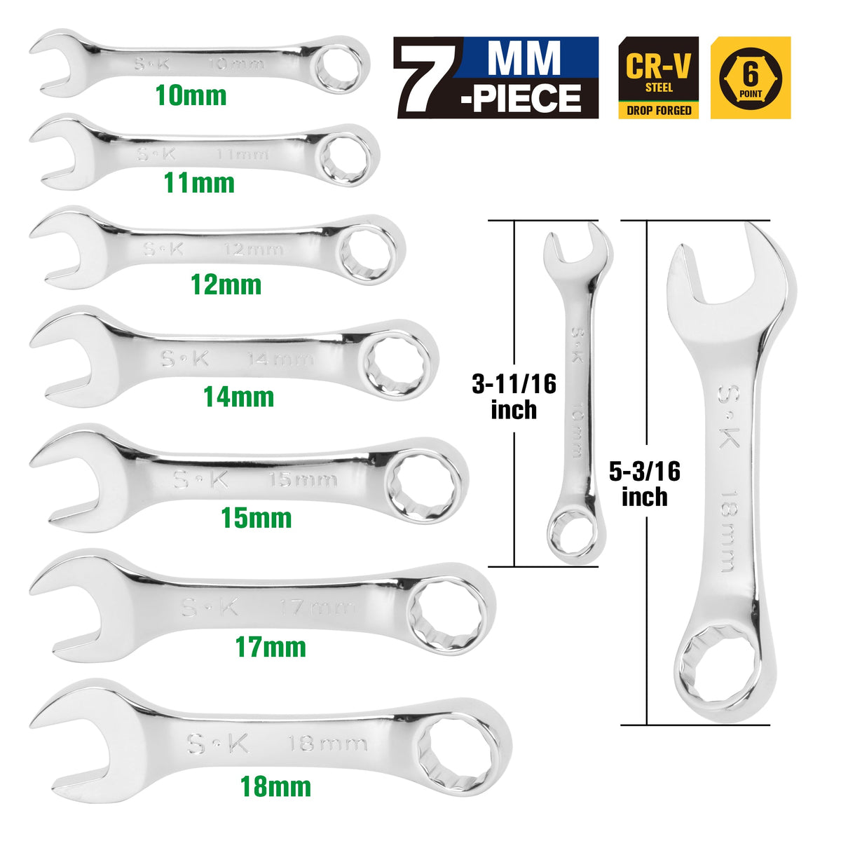 SK Tools USA - 7 Piece 12 Point Metric Short Combination SuperKrome Wrench Set - Ridge Toolbox