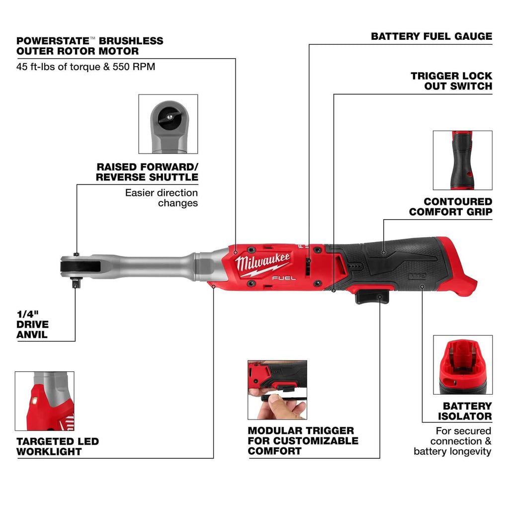 Milwaukee 3058-20 M12 FUEL™ 1/4" Extended Reach Ratchet (Tool Only)