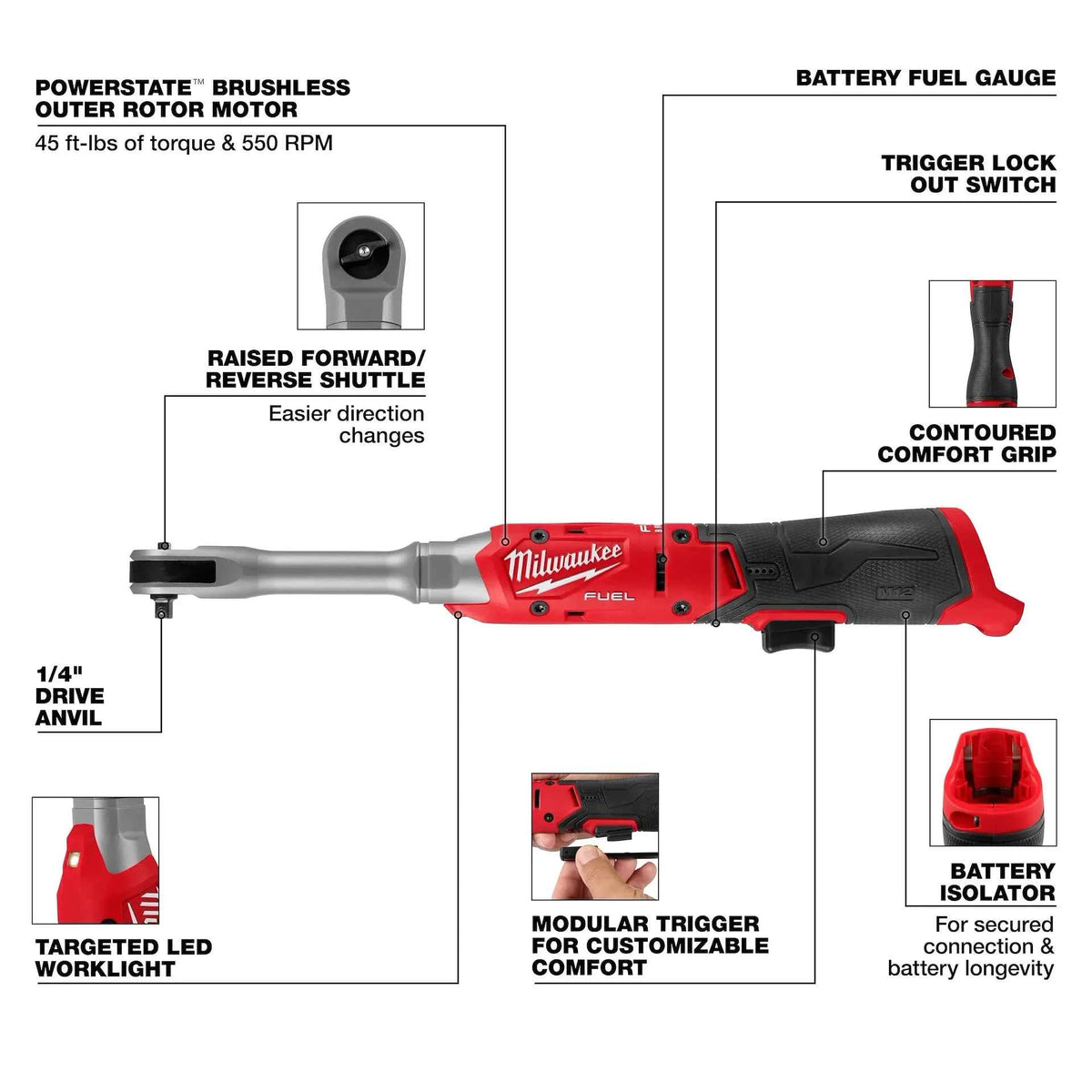 Milwaukee 3058-20 M12 FUEL™ 1/4" Extended Reach Ratchet (Tool Only)