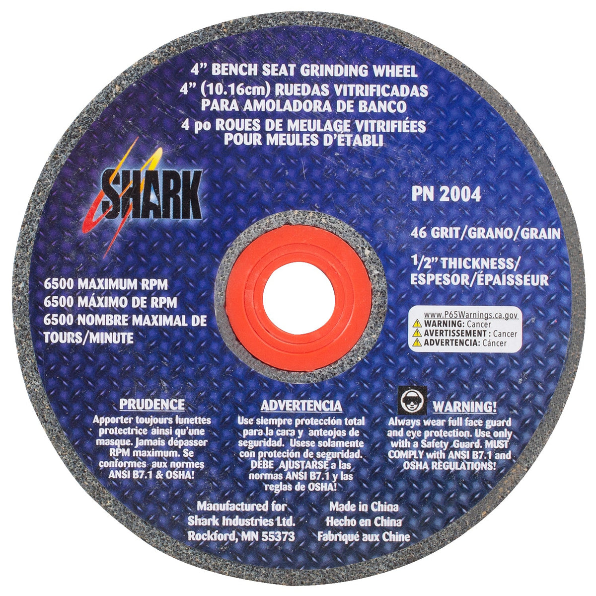 Shark Industries - Bench Seat Grinding Wheel Type 1 . Size 4″ x 1/2″ – 46 Grit. Made of Aluminum Oxide - Ridge Toolbox