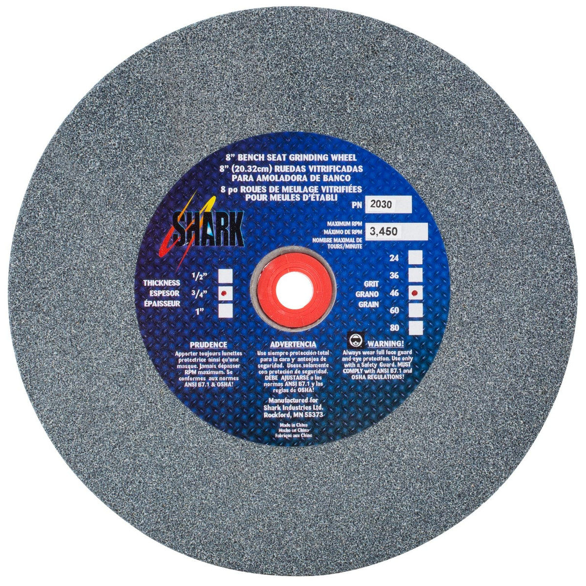 Shark Industries - Bench Seat Grinding Wheel Type 1. Size 8″ Made of Aluminum Oxide - Ridge Toolbox