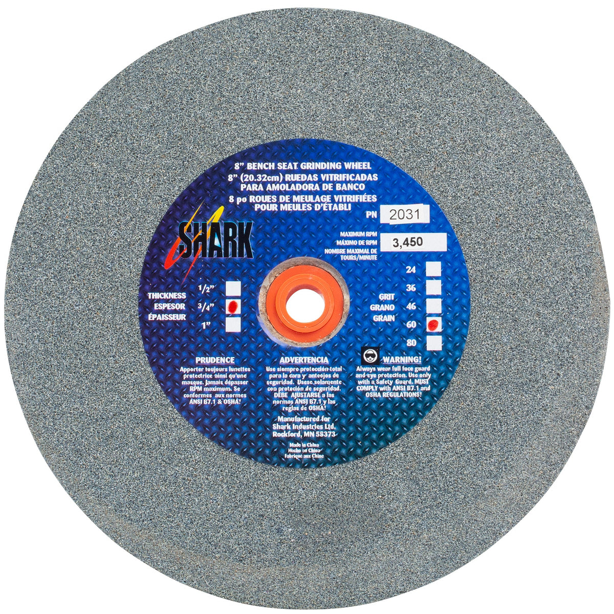 Shark Industries - Bench Seat Grinding Wheel Type 1. Size 8″ Made of Aluminum Oxide - Ridge Toolbox