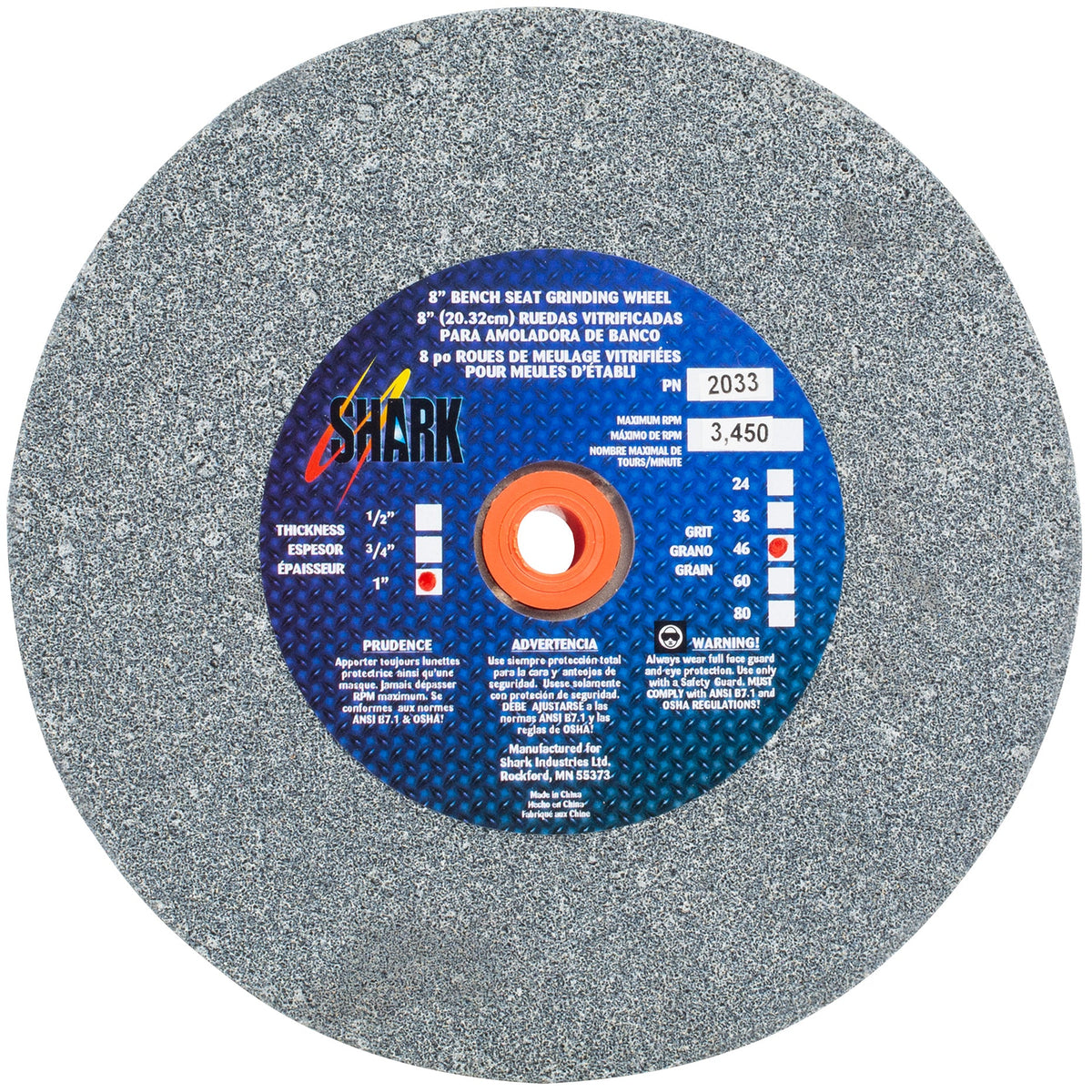 Shark Industries - Bench Seat Grinding Wheel Type 1. Size 8″ Made of Aluminum Oxide - Ridge Toolbox