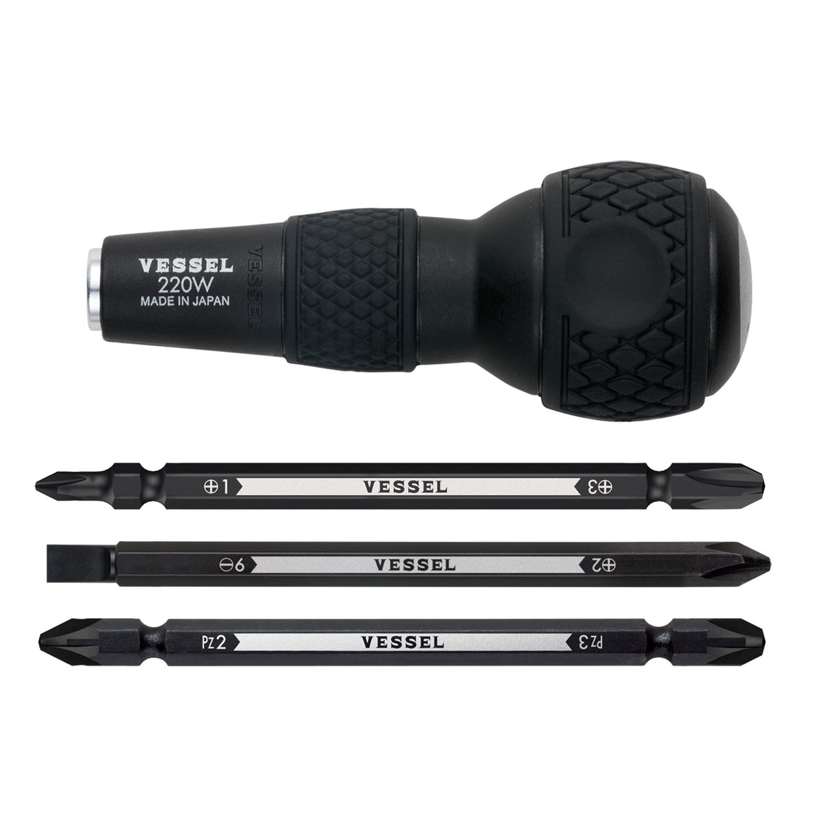 Vessel BALL GRIP 1/4" Hex. Bit Interchangeable Screwdriver Set with 3PC. Bit Set