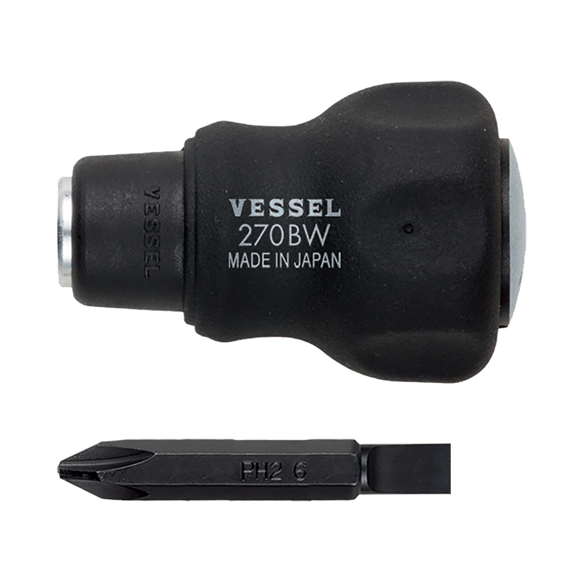 Vessel CUSHION GRIP 1/4" Hex. Bit Interchangeable Stubby Screwdriver Set with 1PC. Bit Set (+2/SL6)
