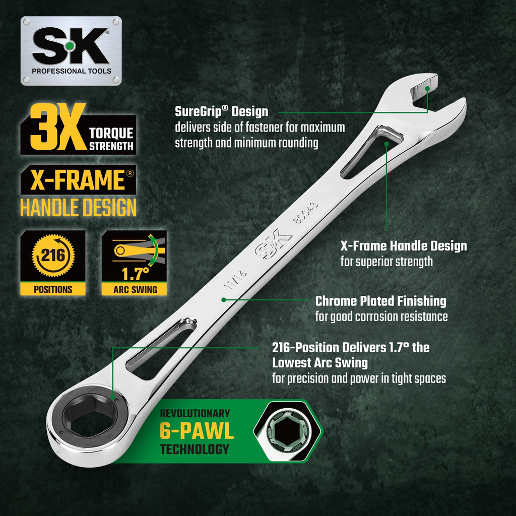 SK Tools USA - X-Frame 7 Piece, 6 point, Metric Combination Ratcheting Wrench Set - Ridge Toolbox