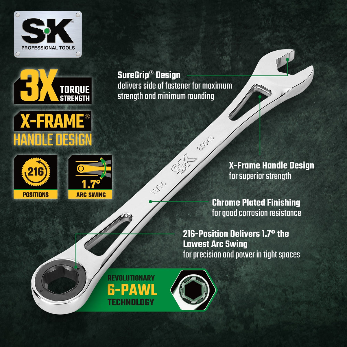 SK Tools USA - X-Frame 7 Piece, 6 point, Metric Combination Ratcheting Wrench Set - Ridge Toolbox