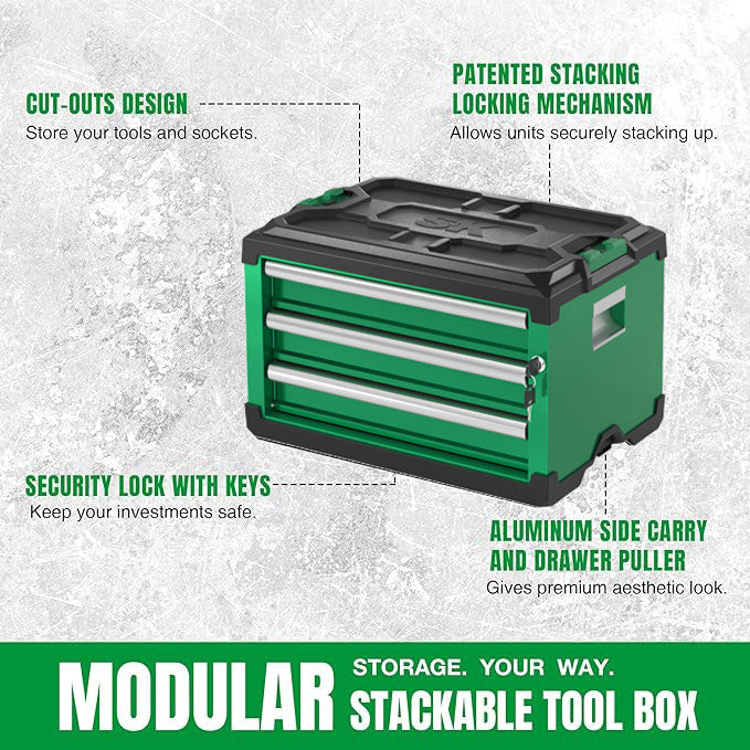 SK Tools USA - Stackable Tool Box with 3 Drawers for Ultimate Storage Convenience - Ridge Toolbox