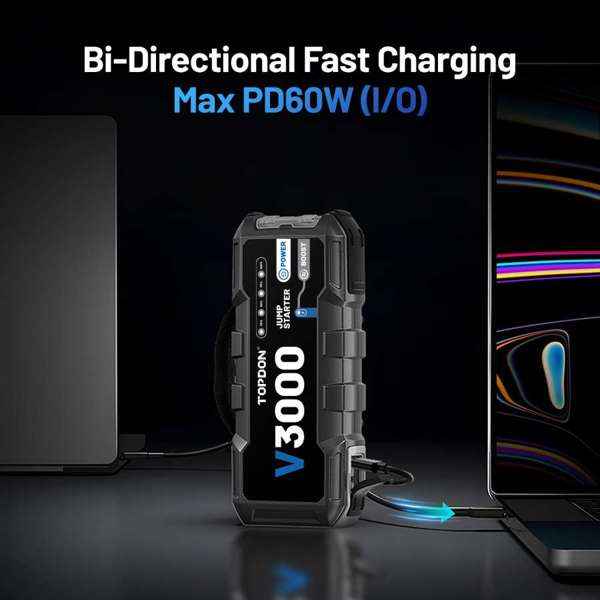 TOPDON 3000 Peak Amp Battery Jump Starter, Power Bank, & Flashlight - Ridge Toolbox