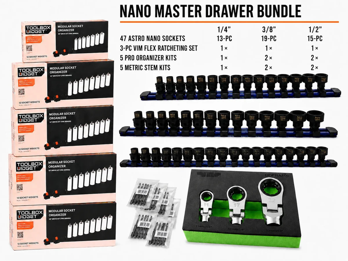 Nano Master Drawer Bundle with Astro nano sockets, VIM flex ratcheting set and Toolbox Widget organizers