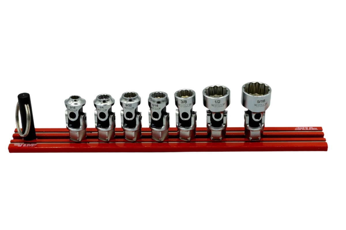 VIM Tools - 7PC. 12-PT DUAL DRIVE STUBBY UJ SAE  SOCKET SET - 1/4'' X 11MM DR. - RED MAGRAIL