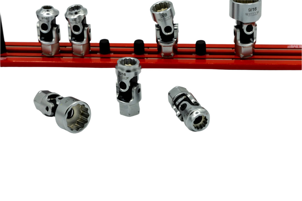 VIM Tools - 7PC. 12-PT DUAL DRIVE STUBBY UJ SAE  SOCKET SET - 1/4'' X 11MM DR. - RED MAGRAIL