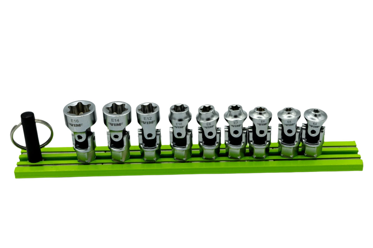 VIM Tools - 9 PC. DUAL DRIVE STUBBY UJ E-TORX  SOCKET SET - 1/4'' X 11MM DR. - GREEN MAGRAIL
