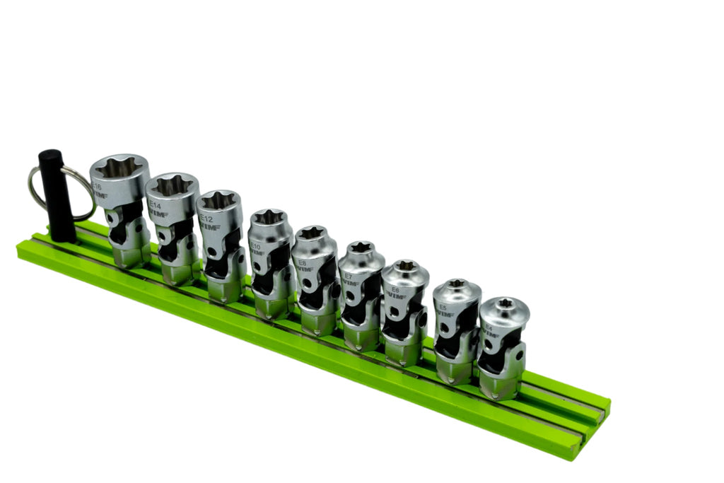 VIM Tools - 9 PC. DUAL DRIVE STUBBY UJ E-TORX  SOCKET SET - 1/4'' X 11MM DR. - GREEN MAGRAIL