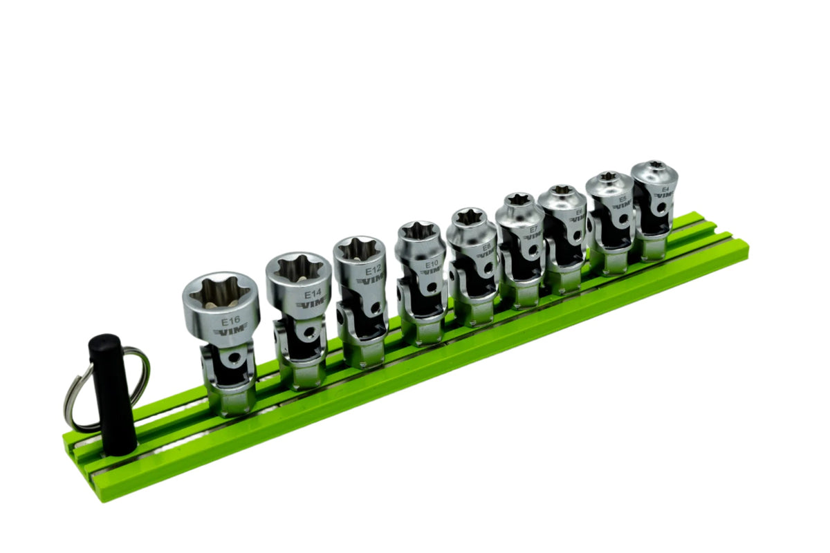 VIM Tools - 9 PC. DUAL DRIVE STUBBY UJ E-TORX  SOCKET SET - 1/4'' X 11MM DR. - GREEN MAGRAIL