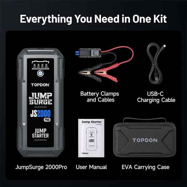 TOPDON 2500 Peak Amp Battery Jump Starter, Power Bank, & Flashlight - Ridge Toolbox