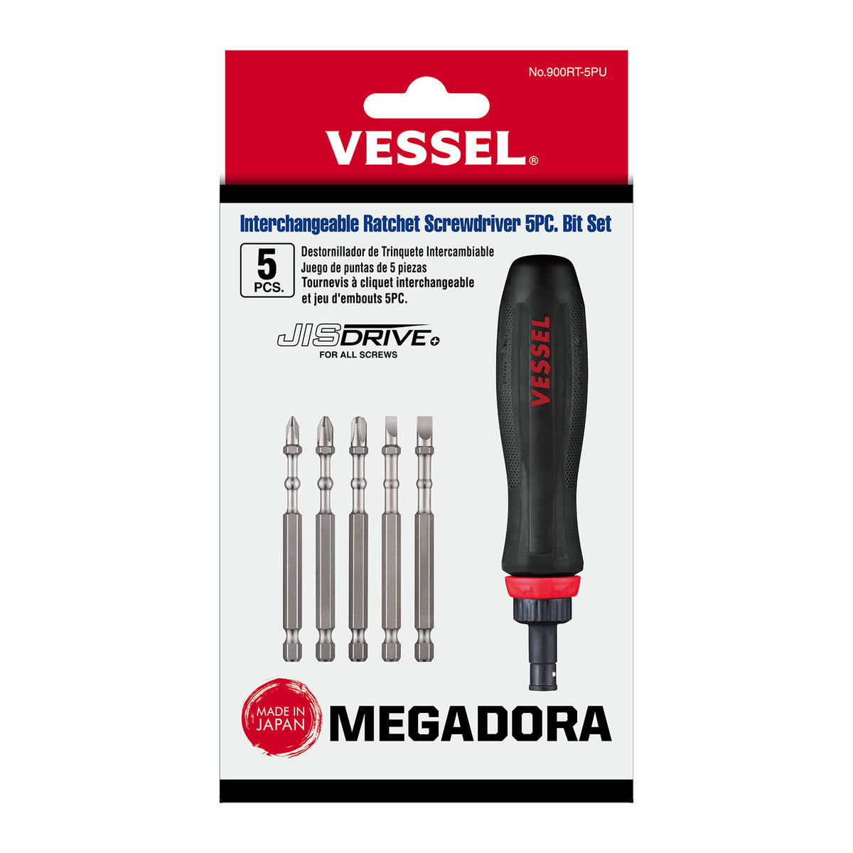 Vessel MEGADORA Interchangeable Ratchet Screwdriver 5PC. Bit Set - professional screwdrivers