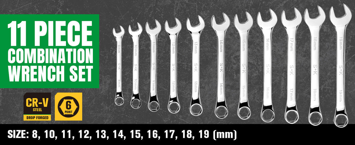 SK Tools USA - 11 Piece 6 Point Metric SuperKrome Combination Wrench Set - Ridge Toolbox