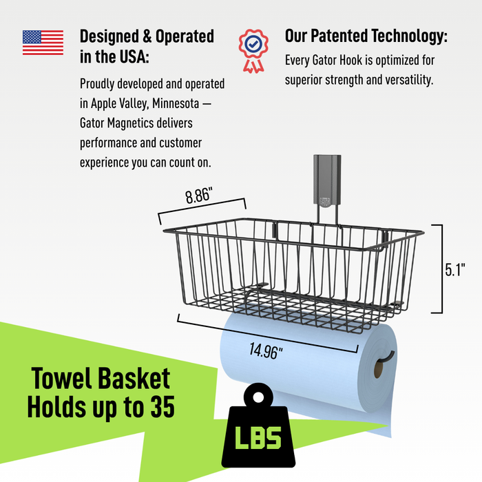 Gator Magnetics - Utility Magnetic Basket with Towel Bar - Holds up to 35 lbs - Ridge Toolbox