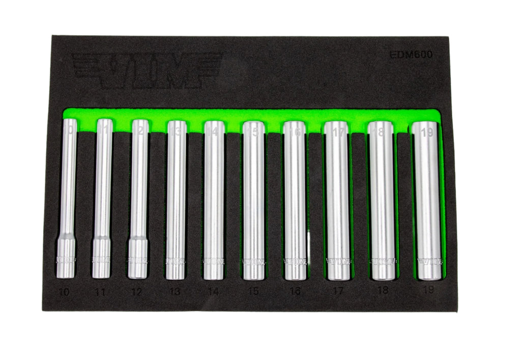 VIM Tools - 10 PC 3/8'' DR. EXTRA DEEP 6PT SOCKET SET (10 - 19MM)